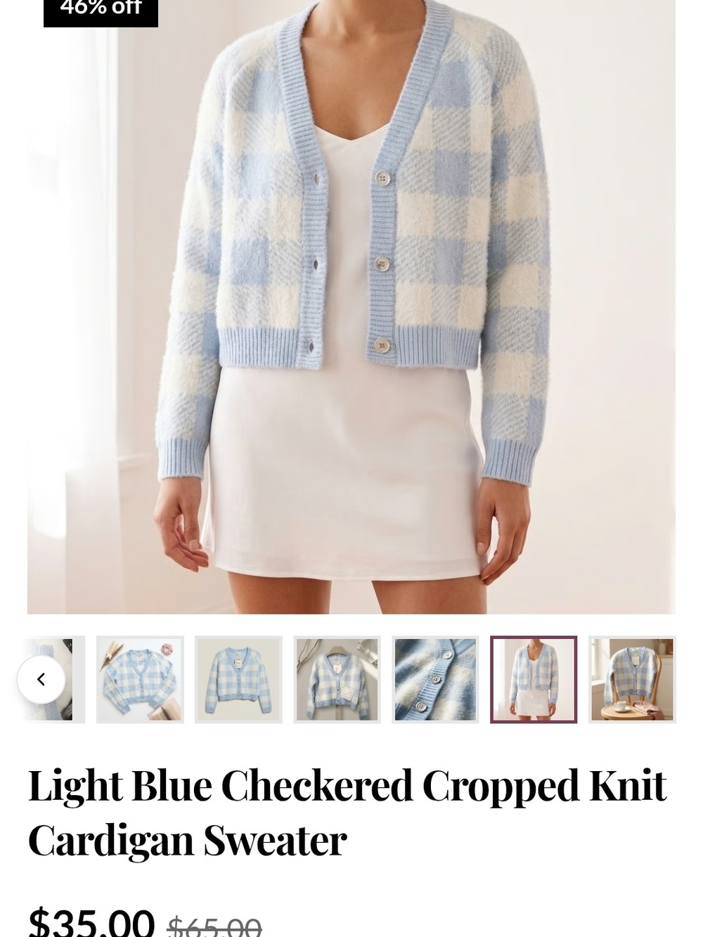 Light Blue & Cream Checkered Cropped Cardigan Sweater